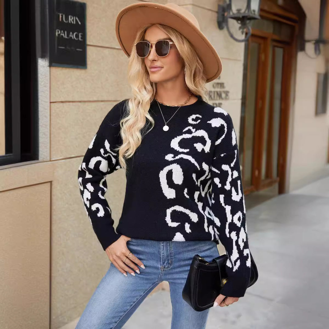 Damen trendiger Strickpullover mit modernem Leopardenmuster und lockerer Passform Heidi-Mode