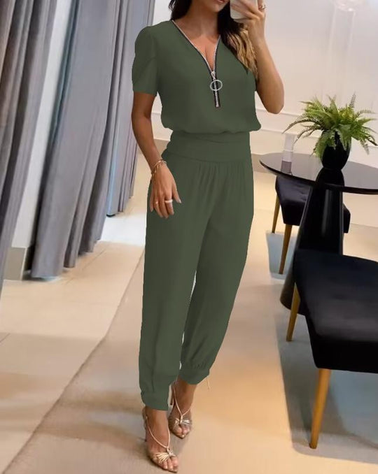 Damen Jumpsuit mit V-Ausschnitt und Gummizug Heidi-Mode