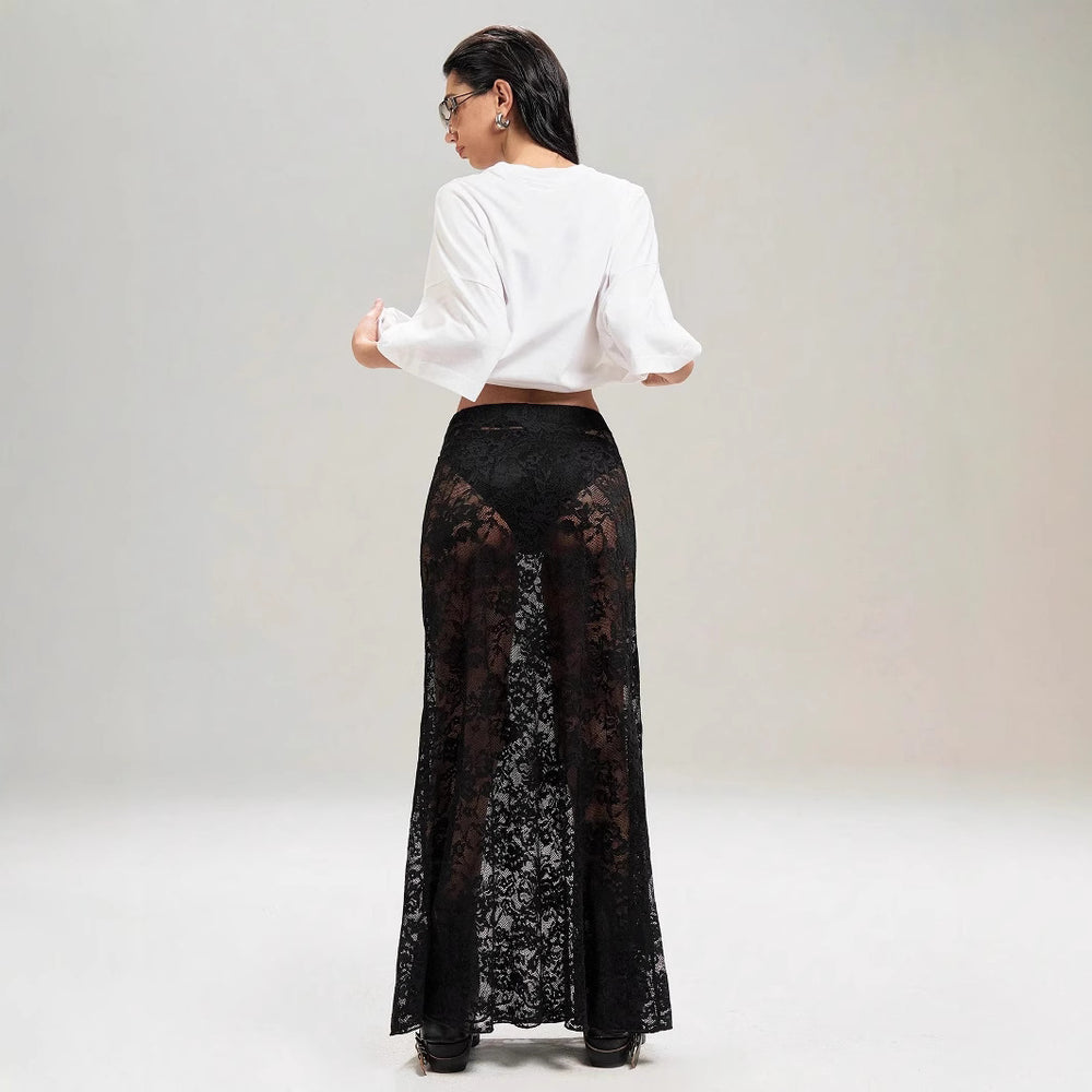 Damen Maxirock aus eleganter Spitze mit hohem Schlitz und voluminösem Schnitt Heidi-Mode