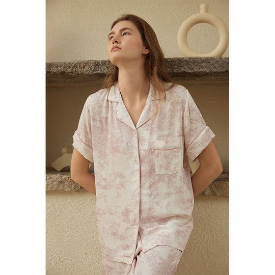 Damen Satin Schlafanzug mit elegantem Druck Heidi-Mode