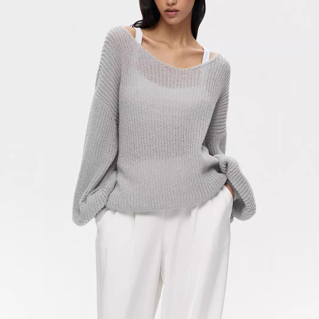 Damen lässiger Strickpullover mit weiten Ärmeln und tiefem V-Ausschnitt Heidi-Mode