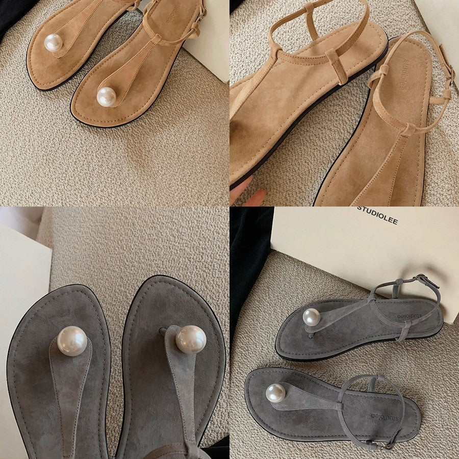 Damen Perlenverzierte T-Strap Flache Sandalen Heidi-Mode