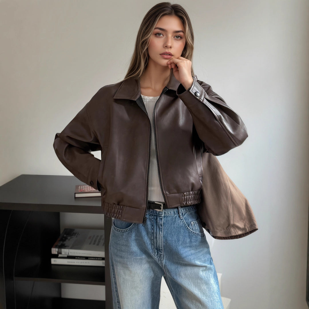 Damen Oversize Kunstlederjacke im modernen Look mit praktischem Reißverschluss und elastischem Bund Heidi-Mode