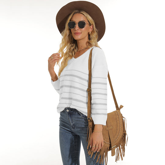 Damen lässiger Pullover mit modernem Streifenmuster und V-Ausschnitt Heidi-Mode