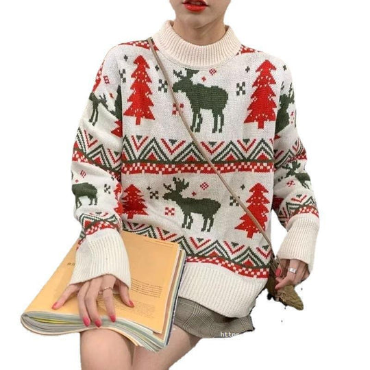 Damen Grobstrickpullover mit festlichem Rentier-Motiv und Rundhalsausschnitt Heidi-Mode