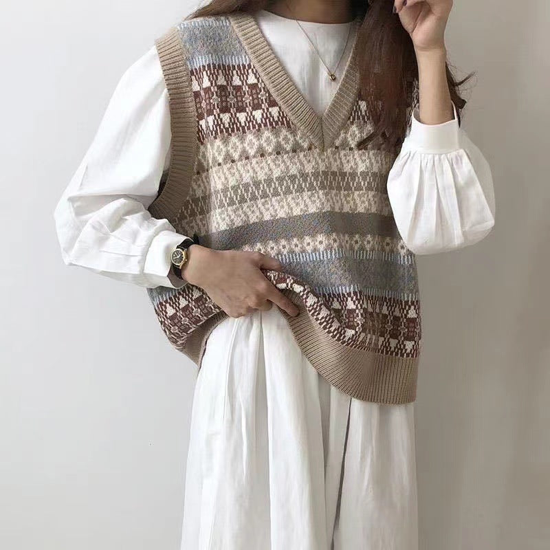 Damen Ärmellose Strickweste mit V-Ausschnitt und Muster Heidi-Mode