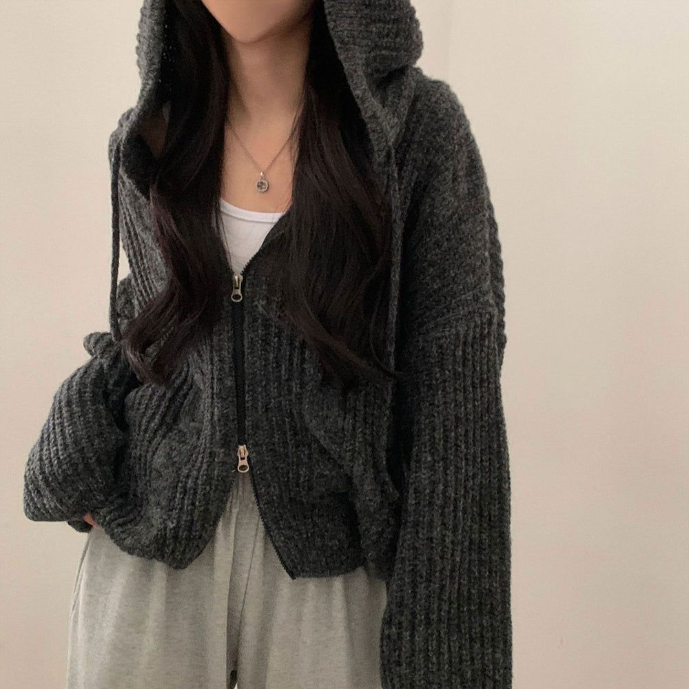 Damen Bequemer Strickjacke mit Kapuze und Reißverschluss Heidi-Mode