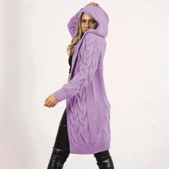 Damen Strickmantel mit Kapuze und Zopfmuster Heidi-Mode