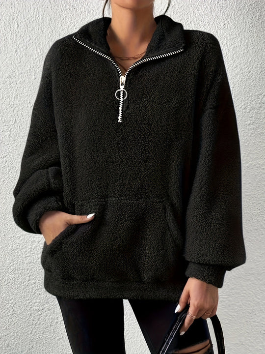 Damen kuscheliger Fleece-Pullover mit halbem Reißverschluss und Seitentaschen Heidi-Mode