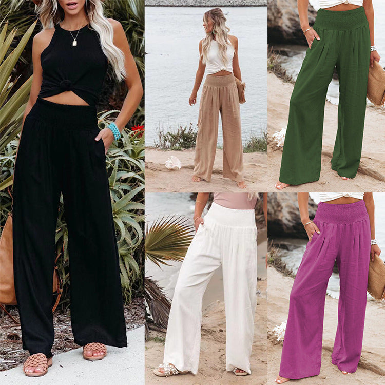 Damen Weit geschnittene Sommerhose mit elastischem Bund und eleganten Falten Heidi-Mode