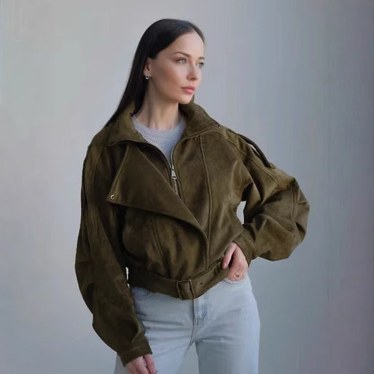 Damen Stilvolle Kurzjacke mit Gürtel und asymmetrischem Schnitt Heidi-Mode