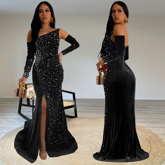 Damen Elegantes schulterfreies Abendkleid mit glitzernden Strassverzierungen und hohem Schlitz Heidi-Mode