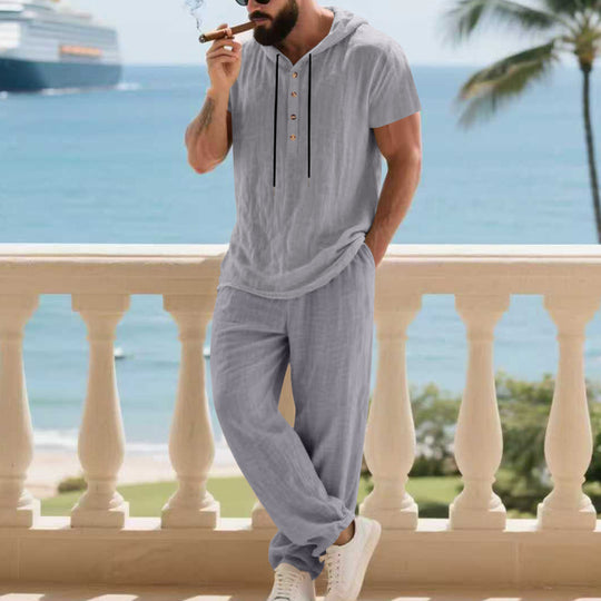 Herren komfortables Freizeit-Set mit modischem Henley-Oberteil und lockeren Hosen Heidi-Mode
