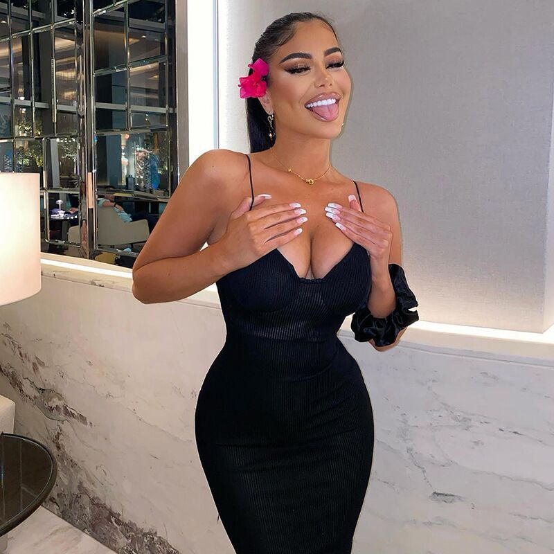 Damen figurbetontes Midi-Kleid mit Spaghettiträgern und Raffungen Heidi-Mode