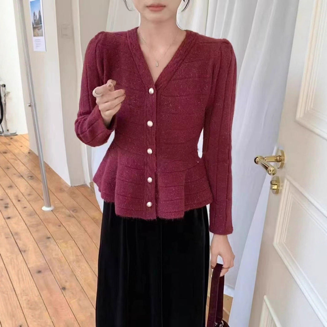 Damen elegante Strickjacke mit strukturiertem Design und femininen Puffärmeln Heidi-Mode