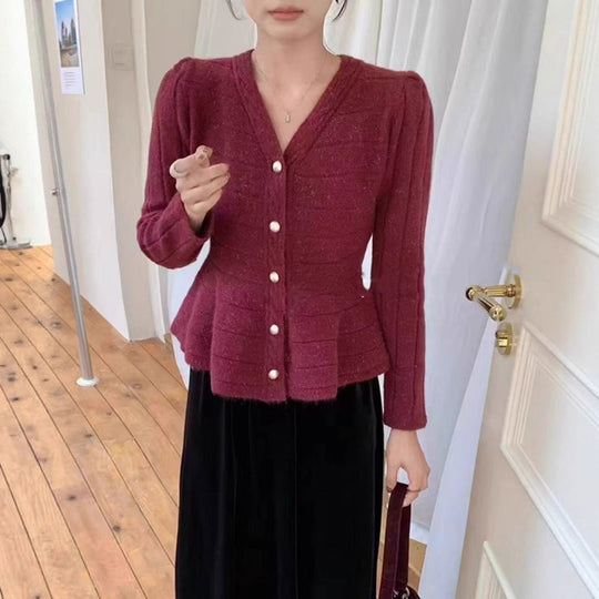 Damen elegante Strickjacke mit strukturiertem Design und femininen Puffärmeln Heidi-Mode