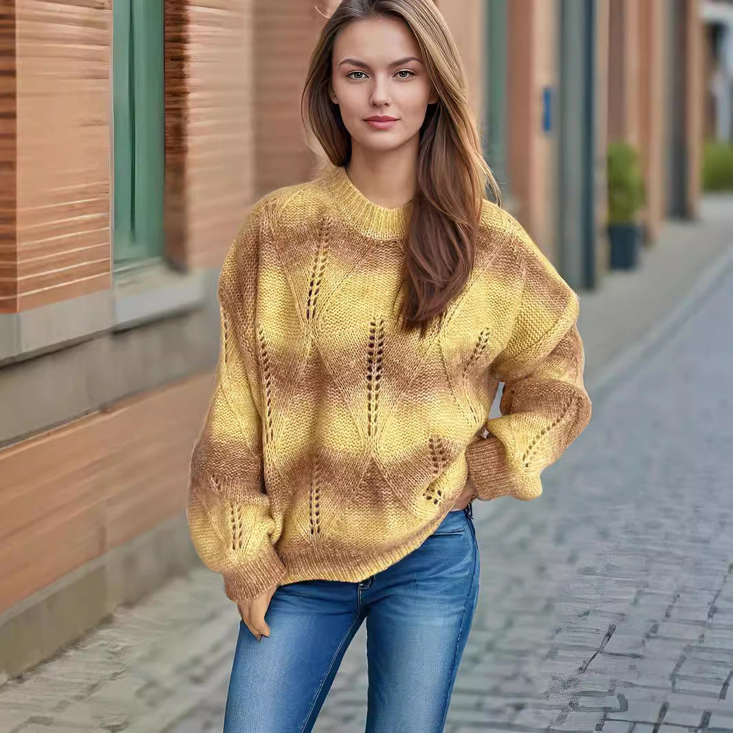 Damen lässiger Strickpullover mit modernem Lochmuster und voluminösen Ärmeln Heidi-Mode