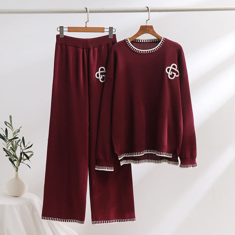 Damen lässiges Strick-Loungewear-Set mit dekorativen Kontrastdetails Heidi-Mode