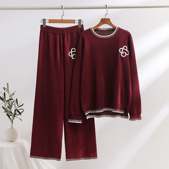 Damen lässiges Strick-Loungewear-Set mit dekorativen Kontrastdetails Heidi-Mode