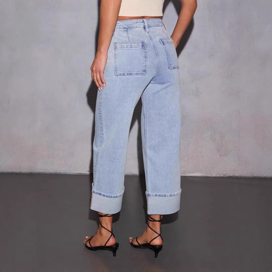 Damen Boyfriend Jeans mit lässigem Umschlagbund und hohen Taschen Heidi-Mode
