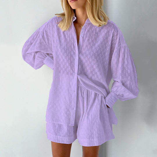 Damen lässiges Hemd-Shorts-Set mit elegantem Webmuster Heidi-Mode