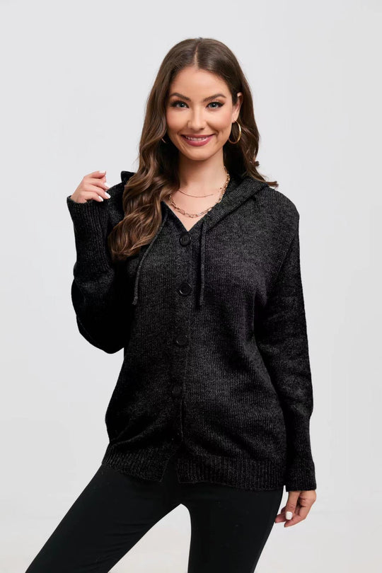 Damen lässige Strickjacke mit Kapuze und Knopfverschluss Heidi-Mode