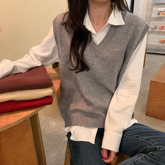 Damen Ärmellose Strickweste mit V-Ausschnitt und Rippdetails Heidi-Mode