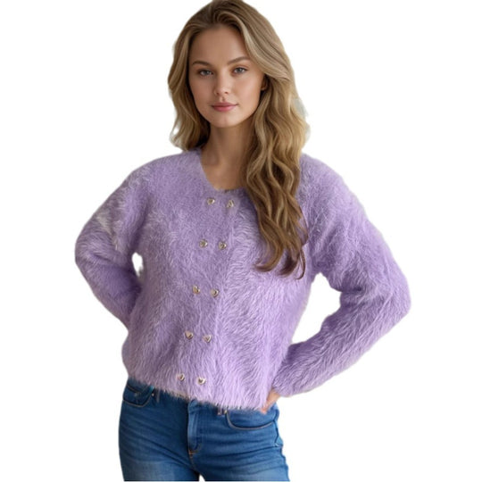 Damen flauschige Strickjacke mit herzförmigen Knöpfen und lockerer Passform Heidi-Mode