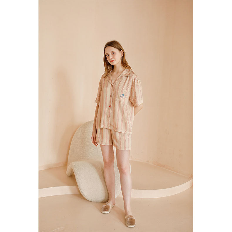 Damen Sommer Pyjama-Set mit stylischem Streifenmuster und komfortablem Kurzarm-Oberteil Heidi-Mode