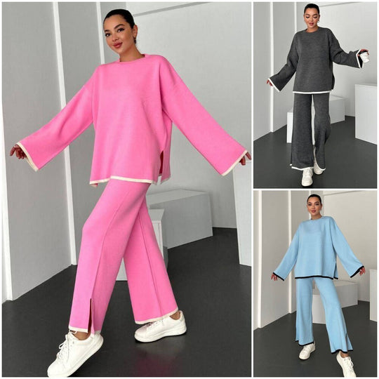 Damen lässiger Strickanzug mit weitem Schnitt und seitlichen Schlitzen Heidi-Mode