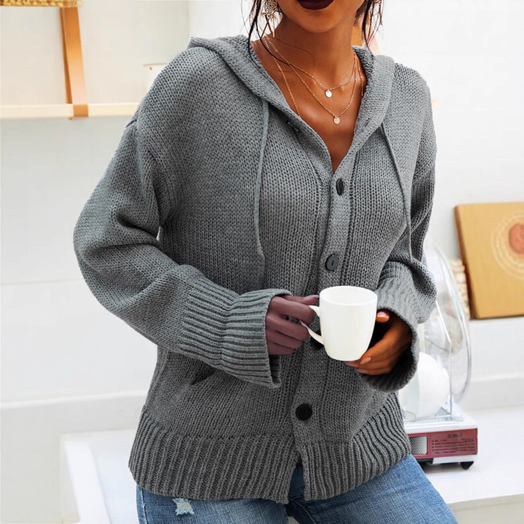 Damen Strickjacke mit Kapuze und knöpfen im lässigen Stil Heidi-Mode
