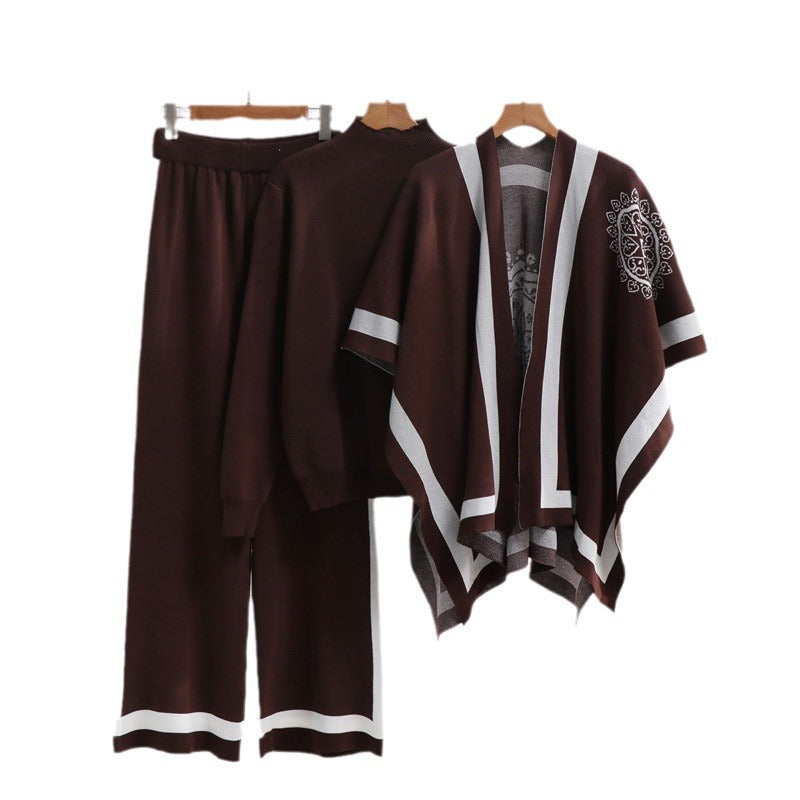 Damen elegantes Strick-Loungewear-Set mit grafischem Muster und weiten Ärmeln Heidi-Mode