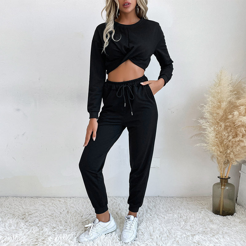 Damen Lässiger zweiteiliger Jogginganzug mit cropped Oberteil und flexibler Taille Heidi-Mode