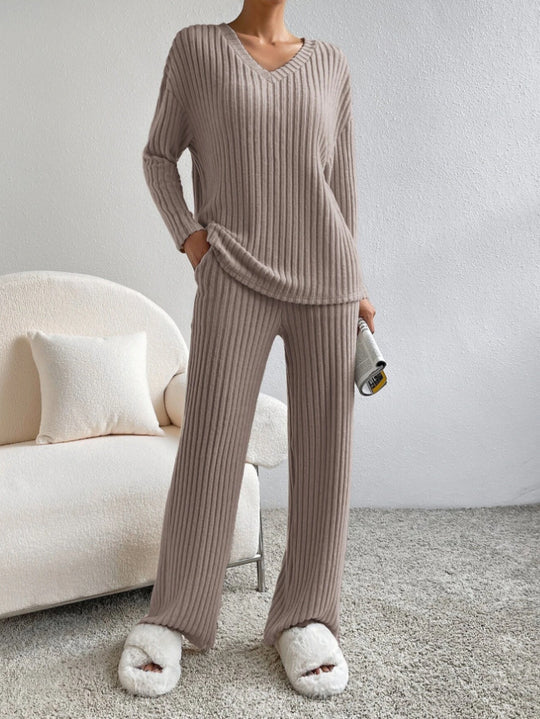 Damen Lässiges Freizeitsweat-Set mit V-Ausschnitt und weitem Schnitt Heidi-Mode