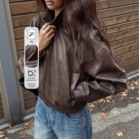 Damen Oversize Kunstlederjacke im modernen Look mit praktischem Reißverschluss und elastischem Bund Heidi-Mode