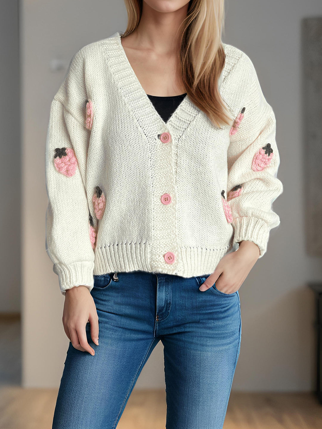 Damen Strickjacke mit verspielten Obstapplikationen Heidi-Mode