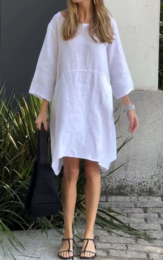 Damen lässiges Leinenkleid mit praktischen Taschen und asymmetrischem Saum Heidi-Mode