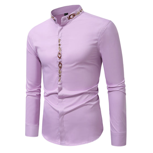 Herren Langarmhemd mit kunstvollen Stickereien und modernem Stehkragen Heidi-Mode