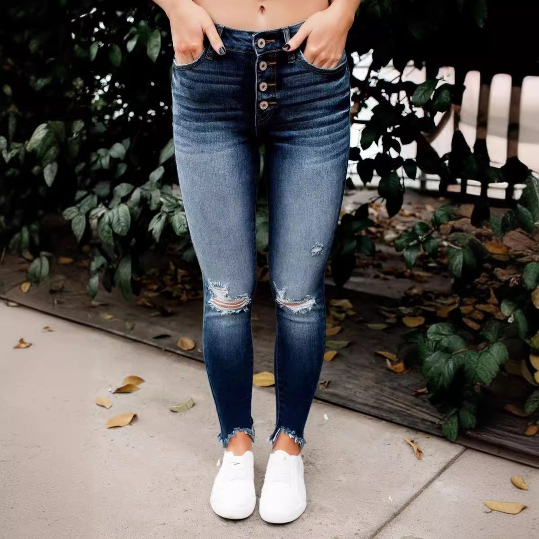 Damen Ripped Skinny Jeans mit hohen Knöpfen und ausgefranstem Saum Heidi-Mode