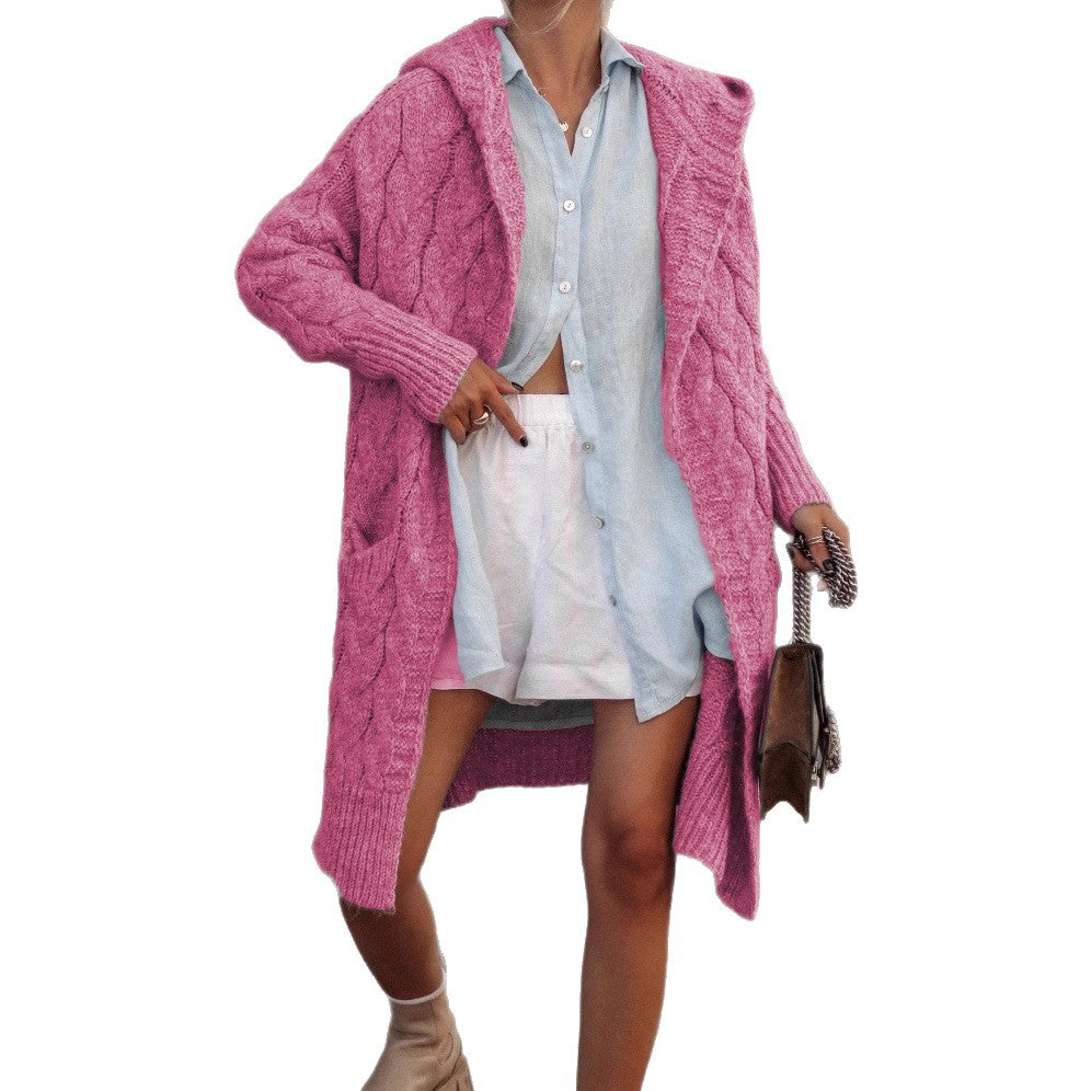 Damen Grobstrick-Cardigan mit offenem Schnitt und Kapuze Heidi-Mode