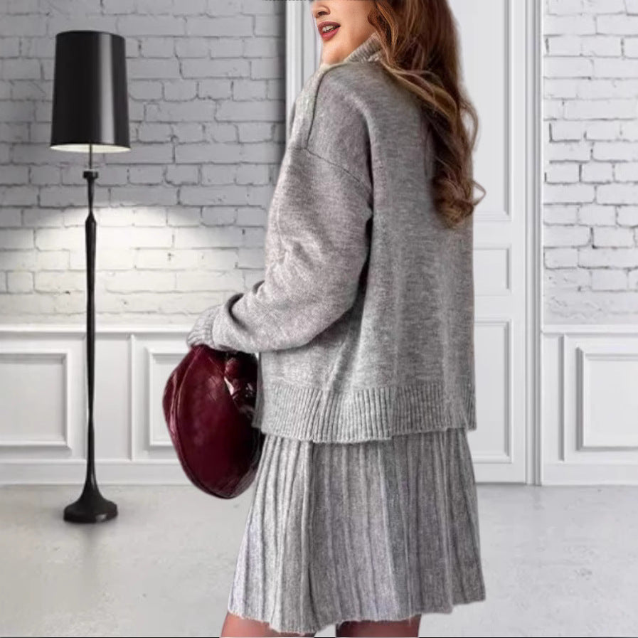 Damen Oversized Strickpullover mit hochwertiger Rippstruktur und passendem Minirock Heidi-Mode
