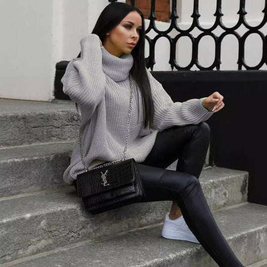 Damen Oversized-Strickpullover mit hohem Kragen und lässigem Schnitt Heidi-Mode