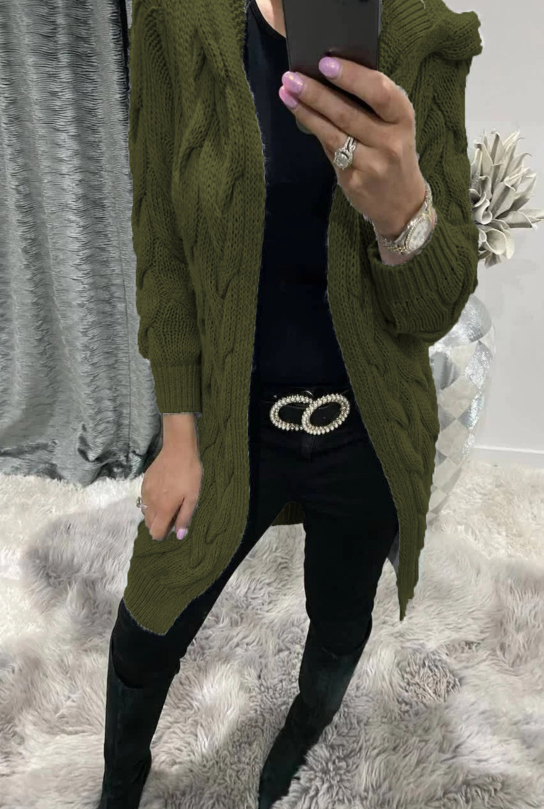 Damen Grobstrick-Cardigan mit Kapuze und Zopfmuster Heidi-Mode