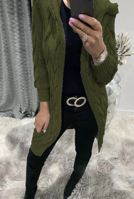Damen Grobstrick-Cardigan mit Kapuze und Zopfmuster Heidi-Mode