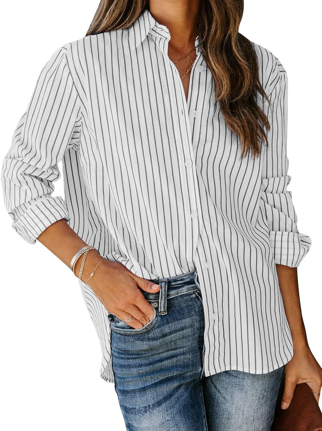 Damen gestreifte Bluse mit klassischem Kragen und lässigem Schnitt Heidi-Mode