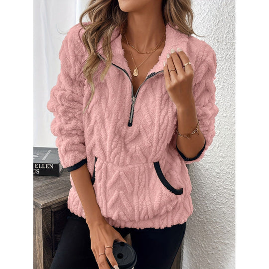 Damen flauschiger Teddy-Pullover mit halbem Reißverschluss und hohen Kragen Heidi-Mode