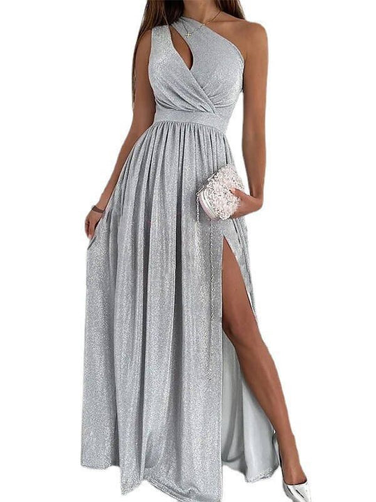 Damen elegantes Abendkleid mit asymmetrischem Ausschnitt und Seitenschlitz Heidi-Mode