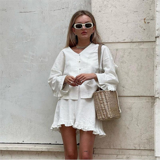 Damen Leicht ausgestelltes Set aus Bluse und Rock mit Rüschen Heidi-Mode
