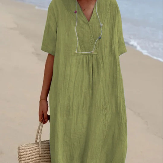 Damen lässiges Midi-Kleid mit V-Ausschnitt und bequemen Kurzärmeln Heidi-Mode