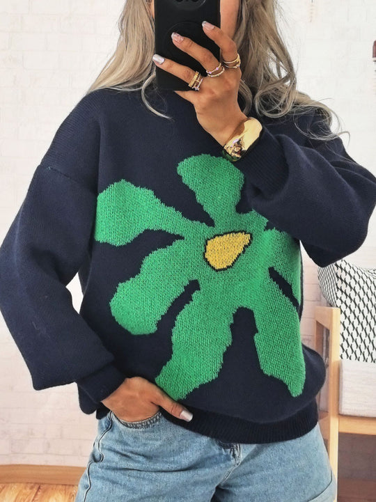 Damen Pullover mit auffälligem Blütenmotiv und lockerer Passform Heidi-Mode